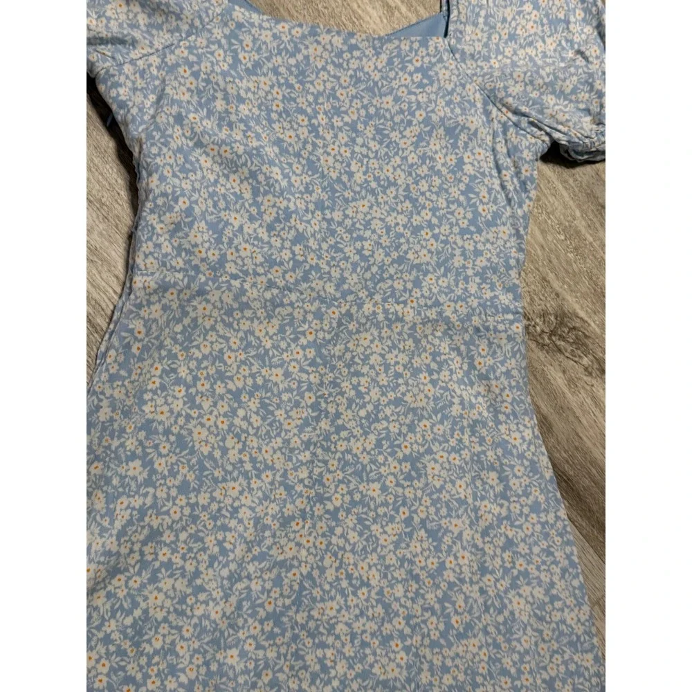 No Boundaries Blue Floral Print Mini Dress Ruched Front Short Puff Sleeve S‎